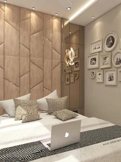 A master bedroom render for a Borivali project, featuring a textured, geometric headboard wall that adds significant visual interest. Mirrored panels on either side of the bed create an illusion of a wider space.