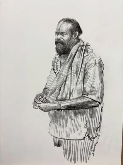 A figure drawing of a man with a beard, created as a demo for my online class.