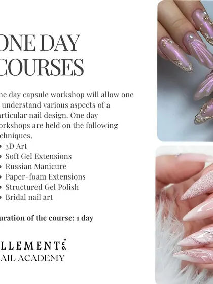 Our one-day capsule workshops allow you to master specific techniques like 3D Art, Soft Gel Extensions, Russian Manicure, and Bridal nail art.