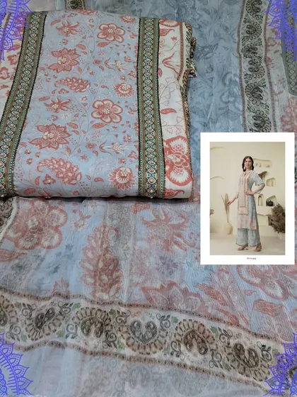 A lovely pastel blue dress material in a Karachi-inspired digital print. The soft muslin fabric and the intricate patterns make it a great choice for comfortable yet fashionable daily wear.