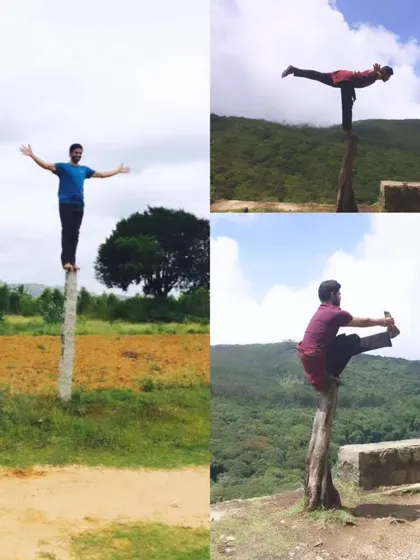 A collage of balancing poses on different surfaces, from a simple post to a tree stump on a mountain. These challenges are more mental than physical, building courage and resilience.