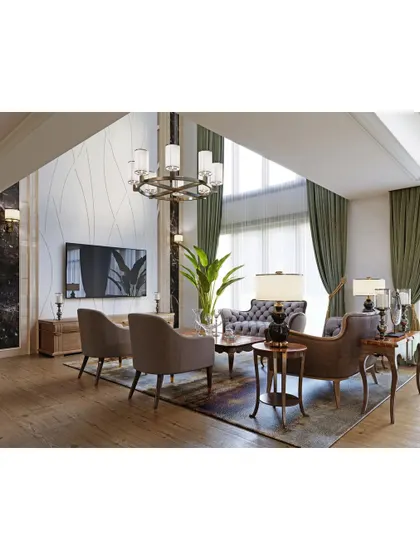 This formal living room is designed for elegance, featuring classic furniture silhouettes, a grand chandelier, and rich textiles. The high ceilings and large windows add to the room's stately feel.
