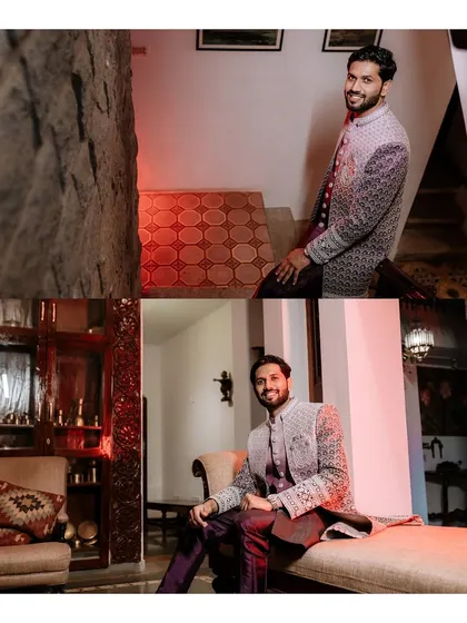 A collage of the groom's portraits, showing him in different poses around the venue.