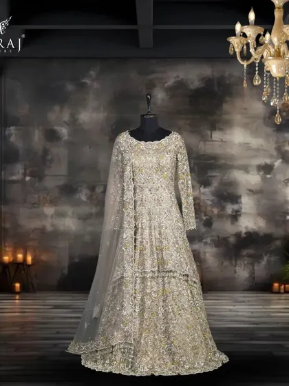 Another view of the beige net Indo-Western bridal attire, a testament to timeless sophistication and Persian grace.
