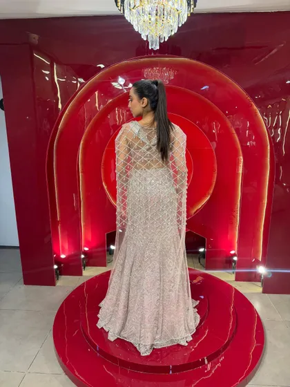 The back of our "Indian Barbie" dress, showing the delicate net cape with a diamond lattice pattern. It's a modern and glamorous take on the traditional lehenga.