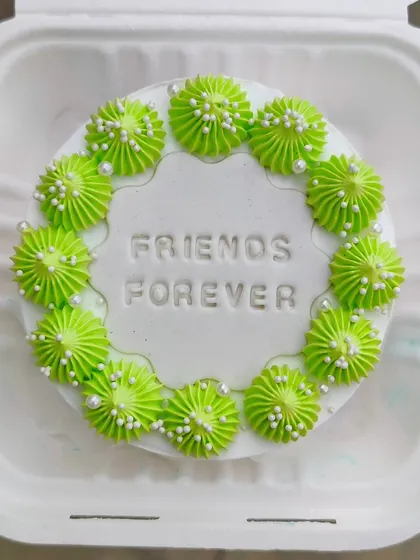A "Friends Forever" bento cake with a simple, heartfelt message. The green piping and pearl sprinkles add a nice touch.
