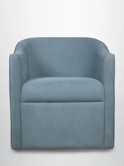 The front view of the swivel armchair highlights its inviting and comfortable design.
