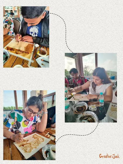 Close-ups of team members concentrating on their coffee paintings during a corporate offsite, a relaxing and engaging activity.
