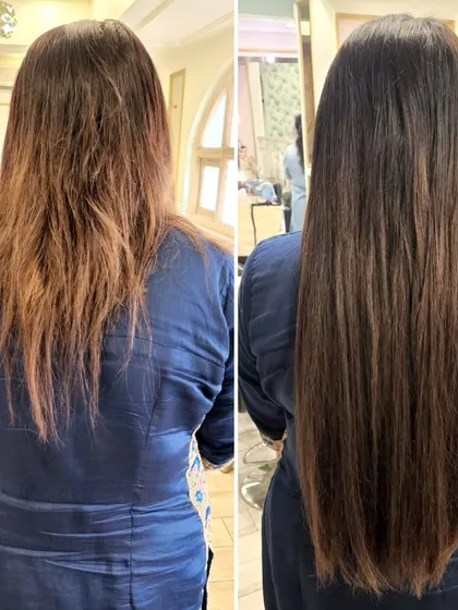 A side-by-side comparison showing a major upgrade in length and hair health. The extensions blend seamlessly for a completely natural look.