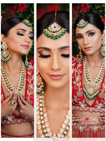 A triptych showcasing the bride's glamorous makeup and the stunning details of her maang tikka and layered kundan necklace with emerald accents.