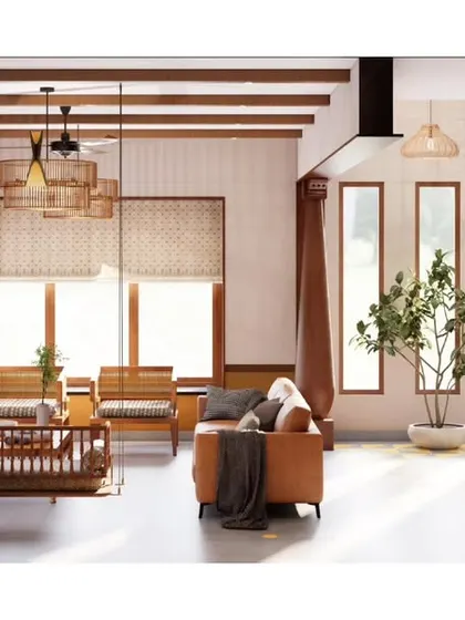 A render for an upcoming duplex in South Bangalore, designed with a distinctly Indian theme. This view shows the living area with a traditional jhula, repurposed vernacular columns, and an exposed brick wall.