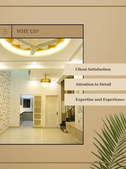 A graphic highlighting my key strengths: client satisfaction, attention to detail, and expertise. The background image shows a bright and airy living space I designed.