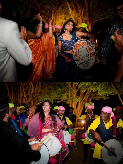 The bride and her friends take over the drums during the Baraat. We love capturing these spontaneous moments of joy and celebration.