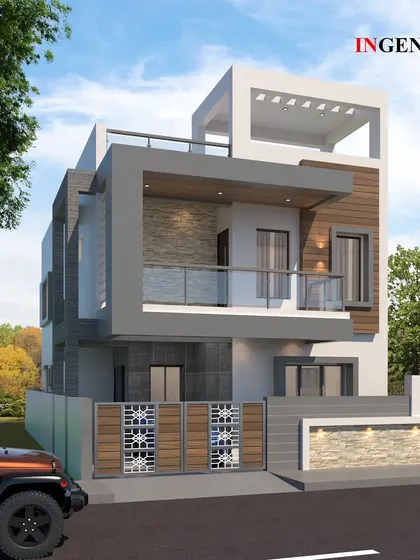 This compact villa design uses a minimalist color palette of grey, white, and wood. The projecting balcony and rooftop pergola create a sense of dimension and provide usable outdoor living areas.
