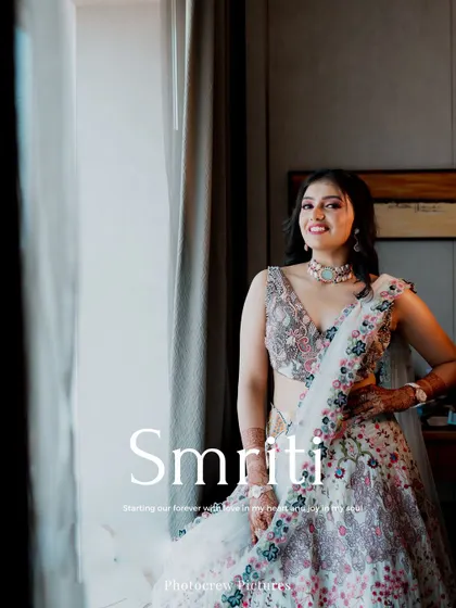 A lovely bridal portrait by a window, with her name elegantly displayed.