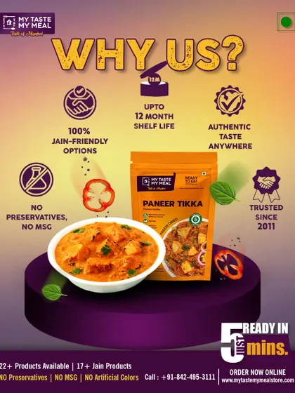 Why choose my meals? It's simple. I offer Jain-friendly options, the food lasts up to 12 months without a fridge, and it tastes authentic. I use no preservatives or MSG, and people have trusted me since 2011 to provide clean, convenient food.