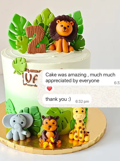 This jungle-themed cake proves that safari parties can be stylish and subtle. The soft green ombre, 3D animal toppers, and happy client feedback made this second birthday cake a huge success.