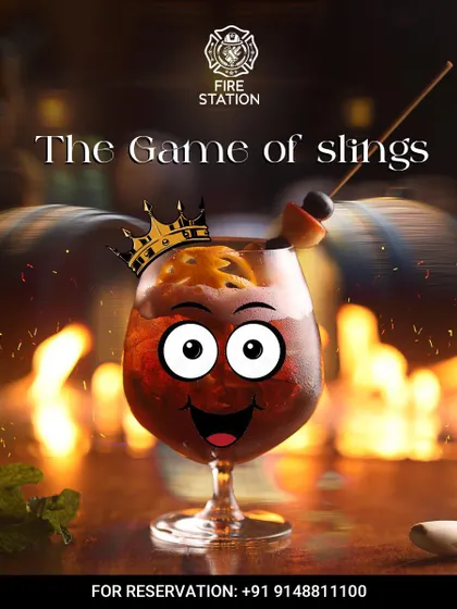 "The Game of Slings" graphic, showing a fiery red cocktail ready to rule your night. A fun take on our Singapore Sling.