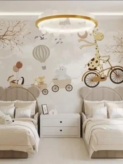 We brought a storybook to life in this whimsical children's bedroom. The charming animal and hot air balloon wall mural creates a focal point for imagination, complemented by adorable bear-themed headboards for a cozy and playful space.