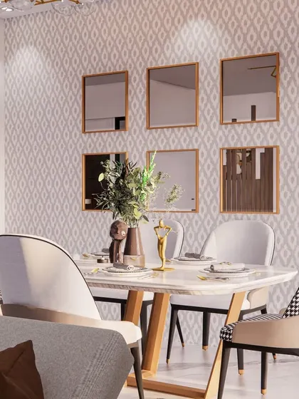 A feature wall in the dining area with an array of tinted mirrors adds glamour and reflects light, making the space feel larger and brighter.