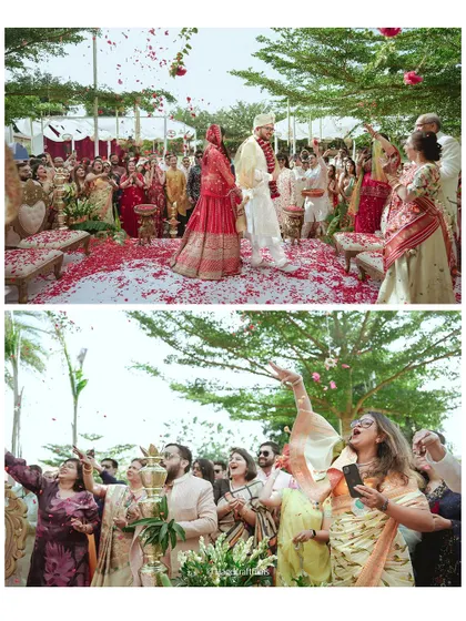 A collage showing the couple being showered with petals by their ecstatic guests, capturing the festive energy of a traditional wedding exit.