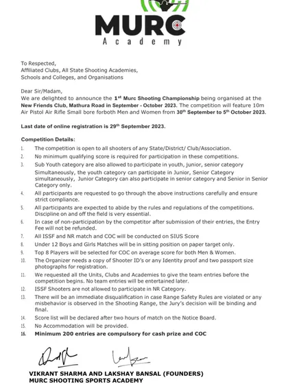 This is a look at the official circular for my first championship. I made it a point to state clearly that the competition is open to all shooters and no minimum qualifying score is required. This is my core belief: Sabko mauka milta hai.