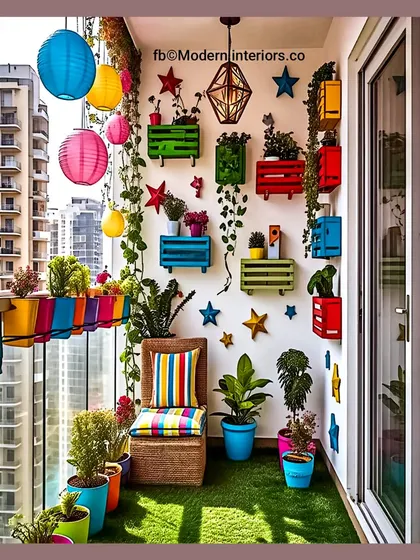 This design uses colorful crate-style wall planters, paper lanterns, and star decorations to create a festive and eclectic vibe. The striped cushion on the wicker chair ties all the bright colors together.
