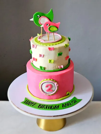 A cute two-tier birdie cake in pink and green. This colored ganache cake is decorated with little butterflies and topped with two adorable, handcrafted birds.
