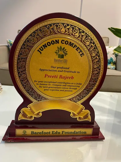 The "Junoon Compete" award plaque. It is always a privilege to contribute to events that promote the arts among children.