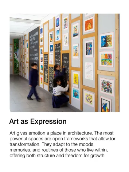 We believe architecture should provide a framework for expression. This corridor is designed with integrated pin-up boards and chalkboards, allowing the space to be personalized by students and teachers, transforming it into a living gallery of their work.