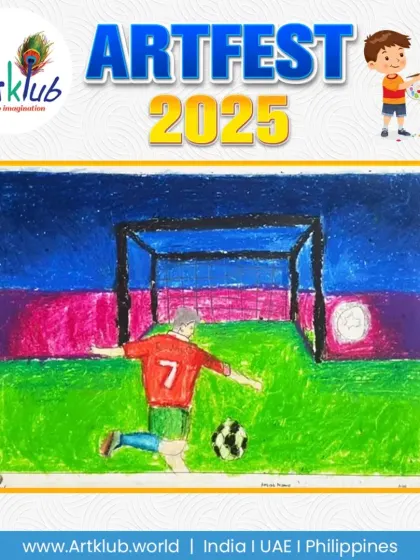 A dramatic moment in a football game, captured by a junior artist. A player is about to score a goal under a colourful, moonlit sky.