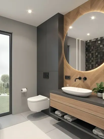 A bright and modern bathroom with a large window. The design is a great example of the popular combination of a floating wood vanity, a round backlit mirror, and a textured accent wall.