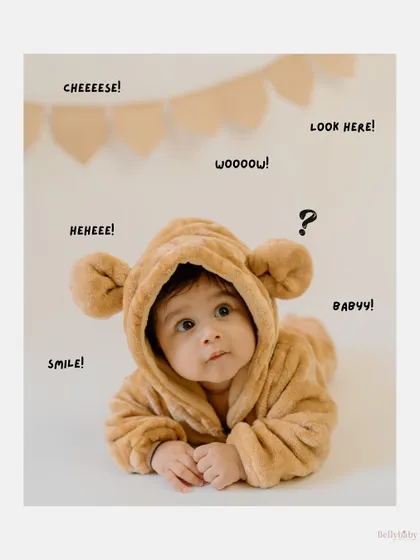 "What are all you humans looking at?" This creative image adds a touch of humor by imagining what the baby might be thinking during the shoot.