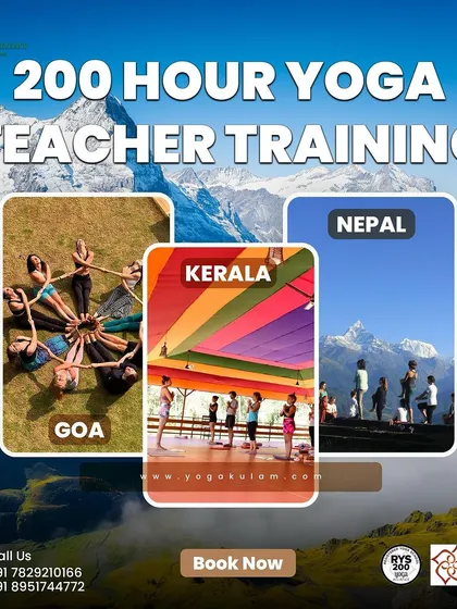 Choose your destination for our 200-hour Yoga Teacher Training. This graphic showcases our three stunning locations: Goa, Kerala, and Nepal.