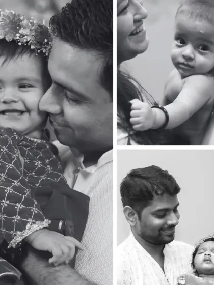 A collage of black and white photos showing the tender bond between fathers and their babies, capturing smiles and gentle cuddles.
