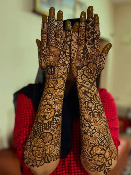 The classic peek-a-boo pose with a gorgeous floral henna design, perfect for a bride's photoshoot.