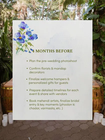 Four months before the big day, we finalize the finer details. This includes planning the pre-wedding photoshoot, confirming florists, and preparing detailed timelines for all vendors.