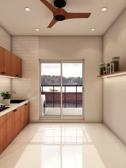 This minimalist kitchen design uses warm wood cabinets and a simple white tiled backsplash for a clean, Scandinavian-inspired look.