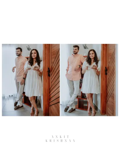 A diptych of the couple posing by a wooden door, their relaxed stances and coordinated outfits creating a stylish and modern pre-wedding portrait.