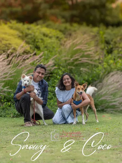 An outdoor family portrait with Snowy and Coco. Even with the challenge of a "stealth" photoshoot, we captured this beautiful, happy moment.