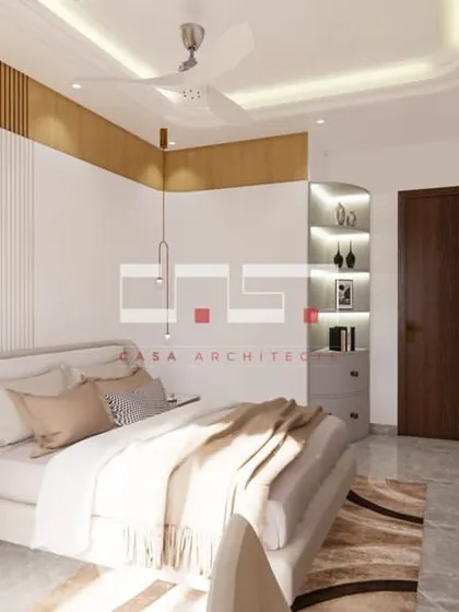 This bedroom render showcases a mix of white and gold accents, with vertical wall paneling and a built-in desk area for a touch of elegance.