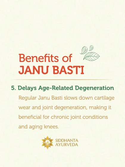 Regular Janu Basti treatments can help delay age-related degeneration. By nourishing the joint, it slows down cartilage wear, making it a beneficial therapy for aging knees and chronic conditions.