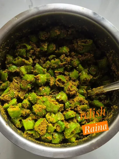 For easier serving and eating, I also make this Cut Green Chilli Pickle. It has the exact same taste and masala as the stuffed version, but the chillies are cut into smaller pieces. It's a convenient option that goes well with dal chawal or any Indian meal.