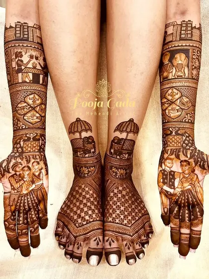 A full bridal set showing how checked patterns on the feet can create a modern yet traditional look that complements storytelling henna.
