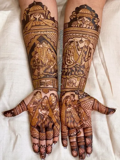 This is a full bridal mehandi that tells a complete story. It includes figures of the couple, their family, and traditional wedding scenes, creating a rich tapestry of their union.