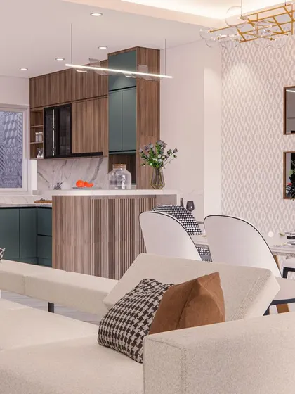 The open-plan layout of the 'Eleganza' project, where the kitchen, dining, and living areas flow into one another seamlessly.