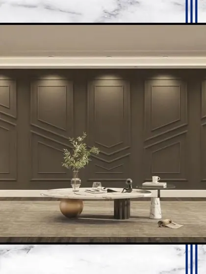 This design concept showcases a modern living space with a textured accent wall and minimalist furniture, creating a sense of understated glamour.
