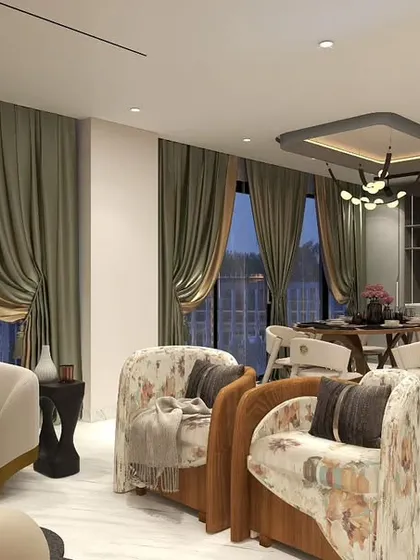 This wide-angle 3D render showcases the open-concept layout of the drawing and dining areas in the Hemkunt project, designed for seamless flow and sophisticated living.
