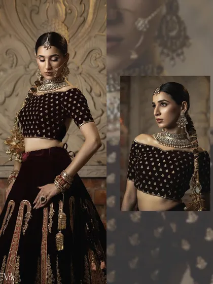 A composite image displaying both a full-length and a close-up view of the bridal lehenga. This style is perfect for editorial content, showing both the overall look and the finer details of the outfit.