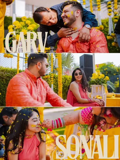 A collage that tells the story of Garv and Sonali's Haldi. It includes moments with family, the couple's interactions, and the traditional rituals, all captured with a creative touch.